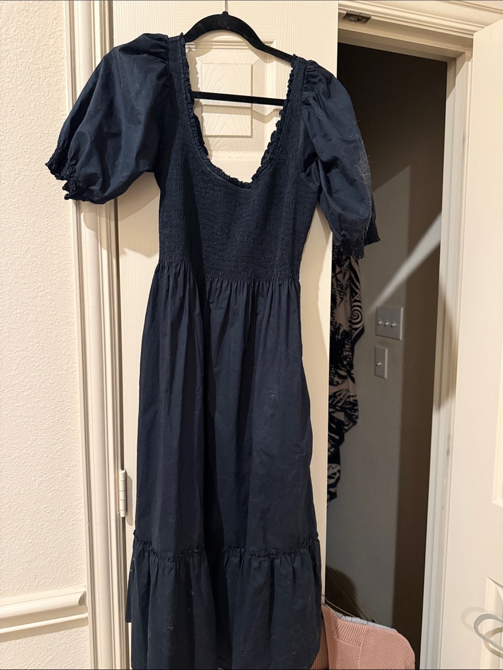 Hill House Navy Blue Midi Dress with Puff Sleeves